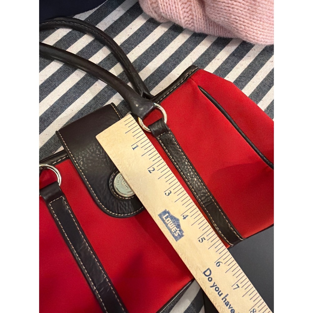Etienne Aigner Red Canvas and Brown Leather Satchel Handbag Gold Logo Medallion - Picture 4 of 6